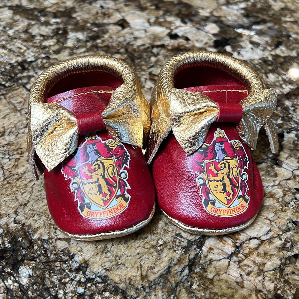 Genuine Leather infant moccasins size 2. Harry Potter, Gryffindor!